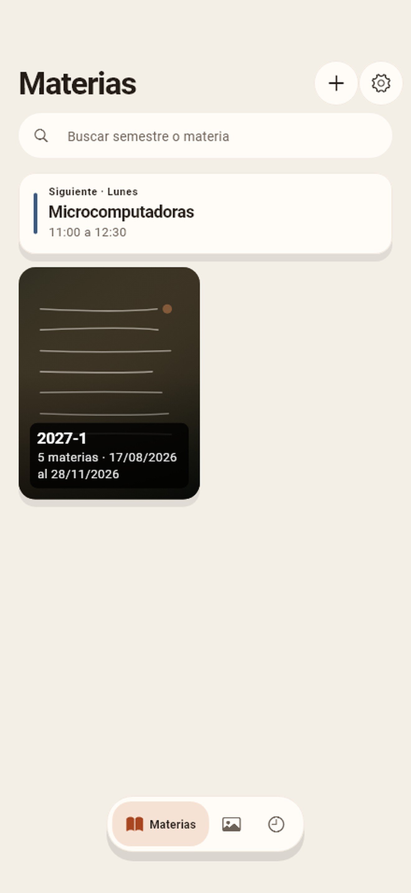Pantalla Materias con el semestre 2027-1 y cinco materias