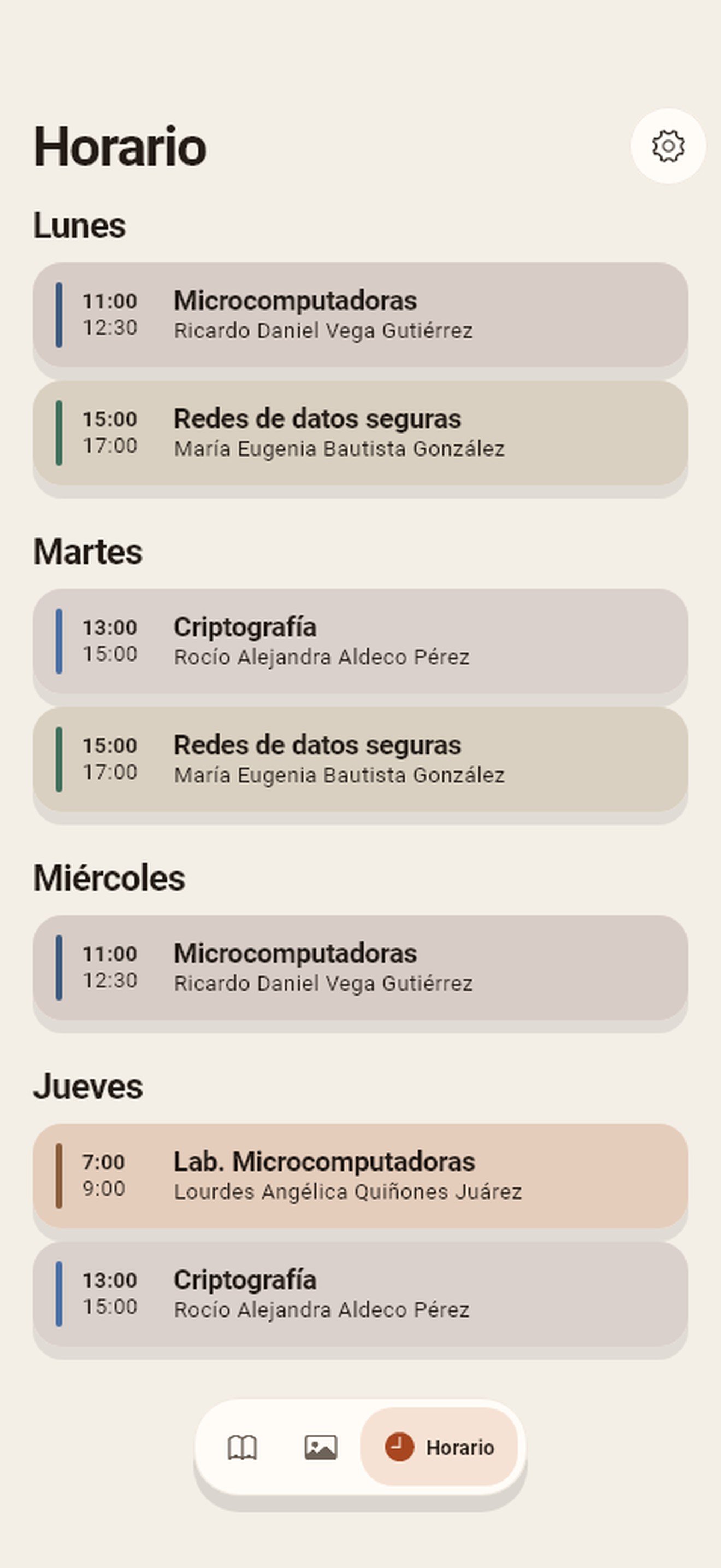 Horario de la semana con bloques de color